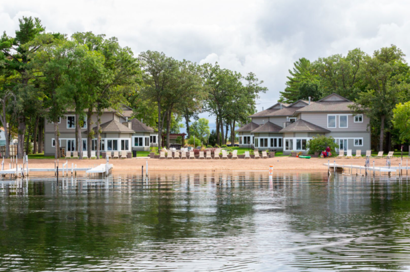 View from the lake of a lakefront resort.